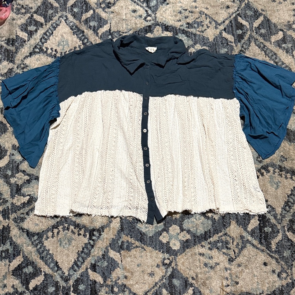 POL Navy and Cream Button-Down Shirt